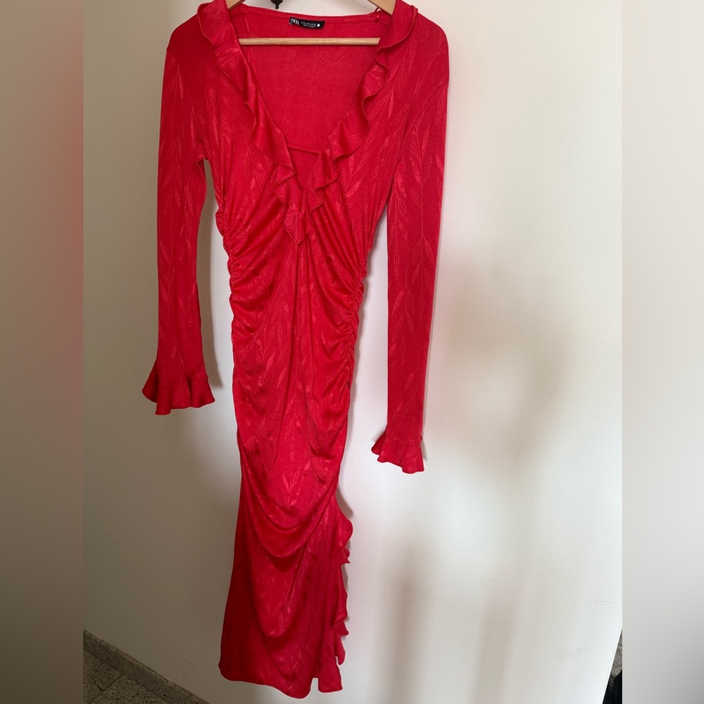 Zara Elegant Red Ruffled Women's Dress